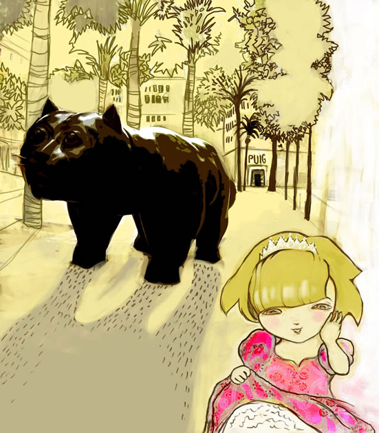 Girl & Botero Cat in Barcelona illustration